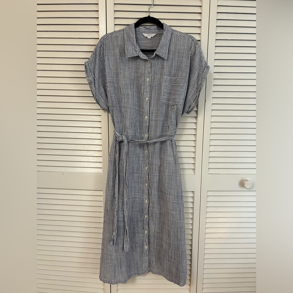 Pin-stripe blue and white dress with tie
